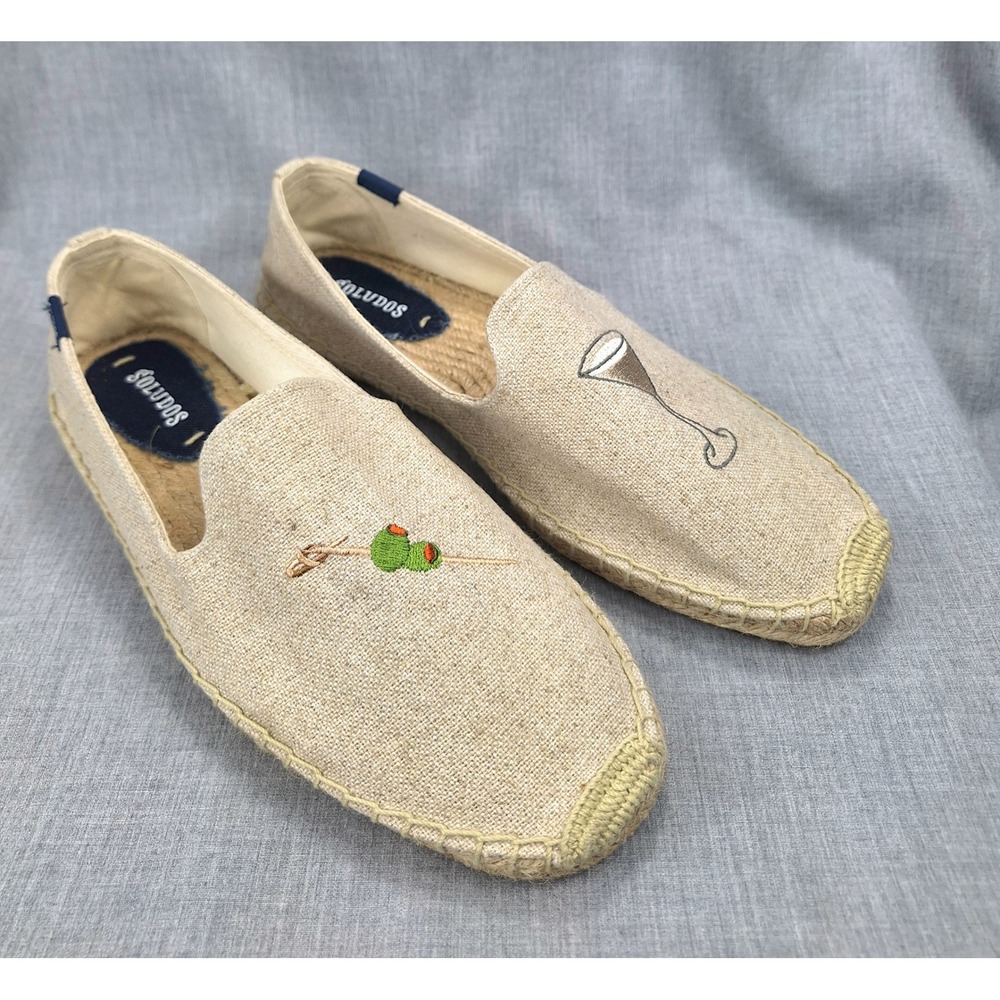 Soludos Mens Martini Olive Embroidered Espadrille Smoking Slippers Beige 9.5